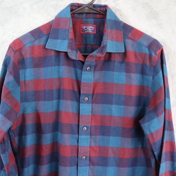 Untuckit Alezio Flannel Mens Slim Small Blue Red Plaid Long Sleeve Button Up - Picture 2 of 9